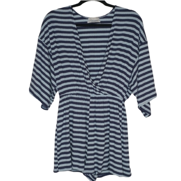 Urban Outfitters Knit Deep V Striped Blue Romper - Picture 3 of 13